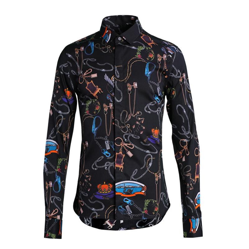 

2020 Personality Printing Men Shirt Hight Quality Long Sleeve Mens Dress Shirts Turn-down Collar Mens Shirts Casual Slim Fit, Black