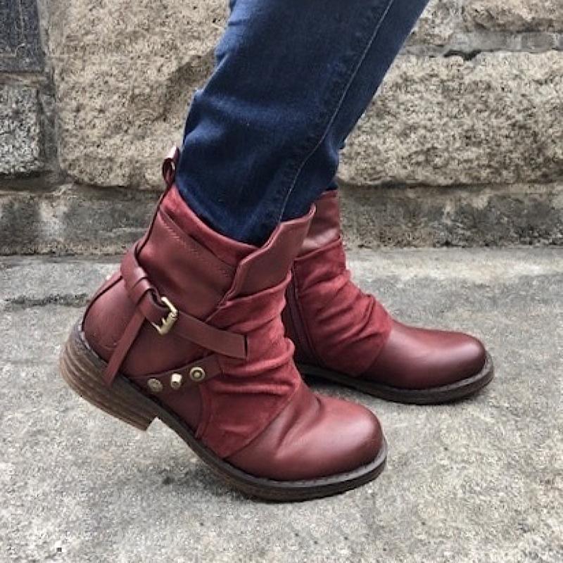 

New Autumn Winter Women Ankle Boots Low Heels Platform Vintage Boots Buckle Strap Punk Western Ladies Shoes, As pic