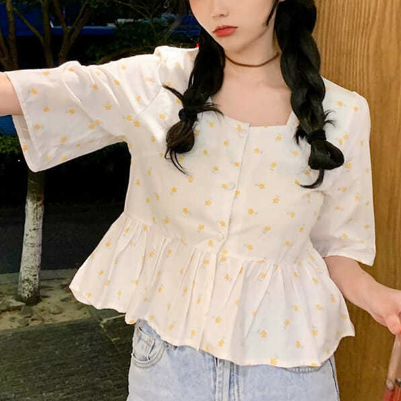 

2021 New Summer Sleeved Square Collar Floral Print Tops Kawaii Japan Style Elegant Korean Blouse Women A1s3, Purple