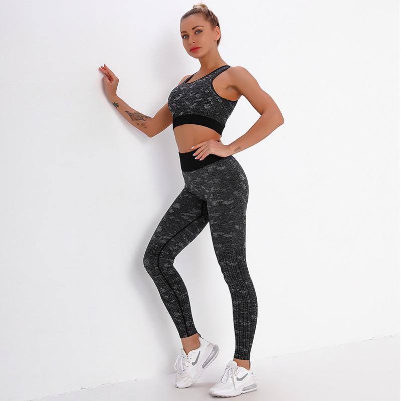 

Fashion Seamless Knitting Printing Camouflage Workout Yoga Set Sports Bra Pants Running Tracksuit Fitness Suit Leggings And Top, Blue