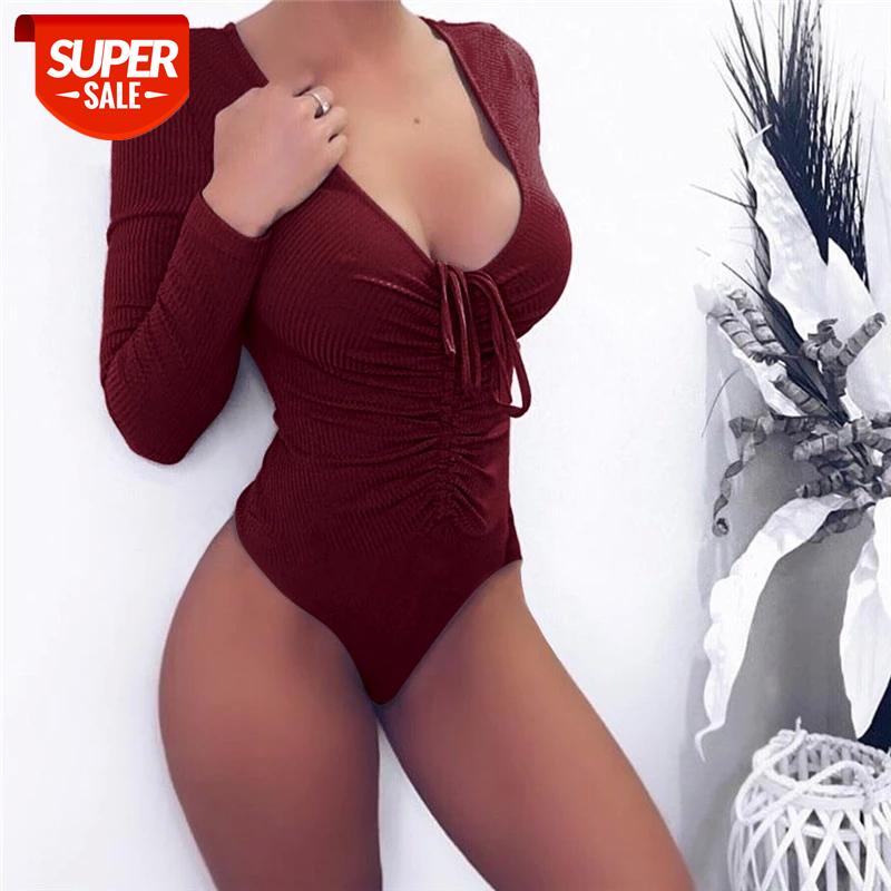 

Adogirl Ribbed Sexy Deep V Neck Lace Up Bodysuit Women Long Sleeve Slim Rompers Jumpsuit Soild Skinny Body top clothes Overalls #zA7h, Black;white
