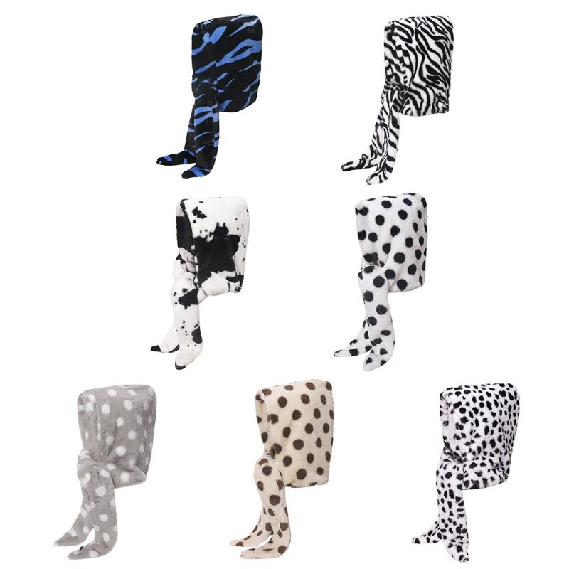 

Winter 2 In 1 Fluffy Plush Warm Hooded Long Scarf Hat Vintage Zebra Cow Animal Print Earflap Cap Neck Warmer Shawl Wrap, 6ee801145-d