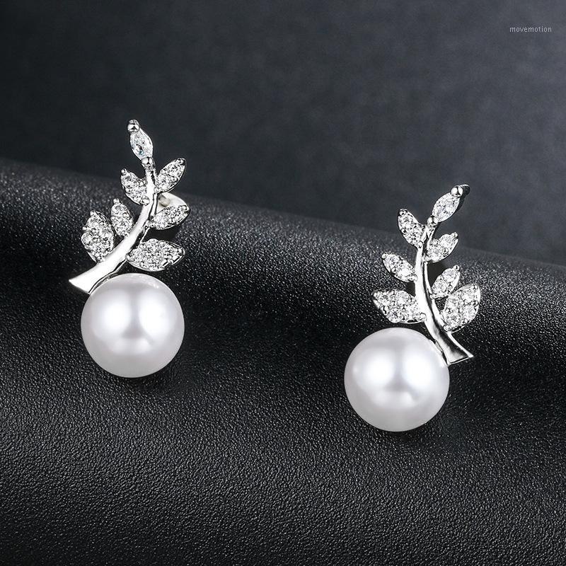 

WEIMANJINGDIAN New Arrival Leaf and Shell Pearl Cubic Zirconia CZ Crystal Dangle Earrings for Women or Bride Bridesmaid Jewelry1