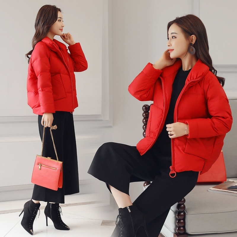

2021 New Korean female winter solid color simplicity common temper short thin hand plug cotton coat 9MFD, Rose red (pu)