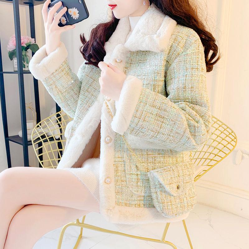 

Women New 2021 Autumn Winter Faux Fur Coat Elegant Fake Fur Plaid Jacket Female Loose OverCoat Thick Warm Plush Outerwear B225, Green