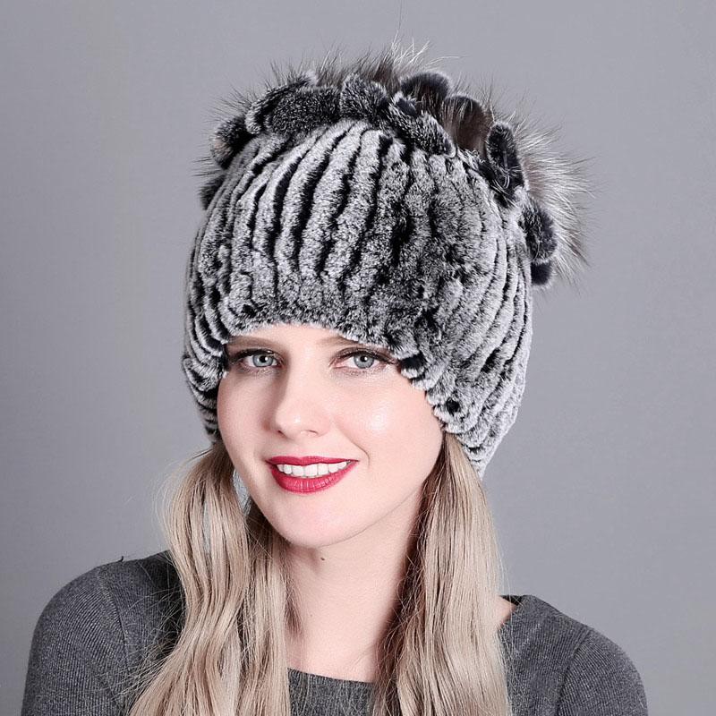 

New Russia Women Real Rex Fur Hats Knitted Striped Lady 100% Genuine Rex Fur Beanies Hat Winter Warm Flowers Caps, White