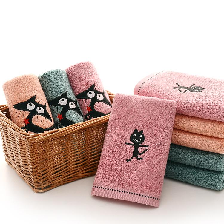 

T047A Lovely Absorbent embroidered cartoon cat home Super soft Microfiber cotton hand towels face towel, Green a