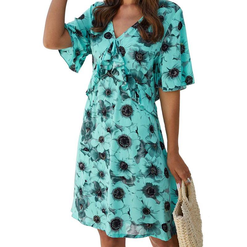 

Women' V-Neck Sexy Halter Elastic Waist Printed Casual Dress, Blue