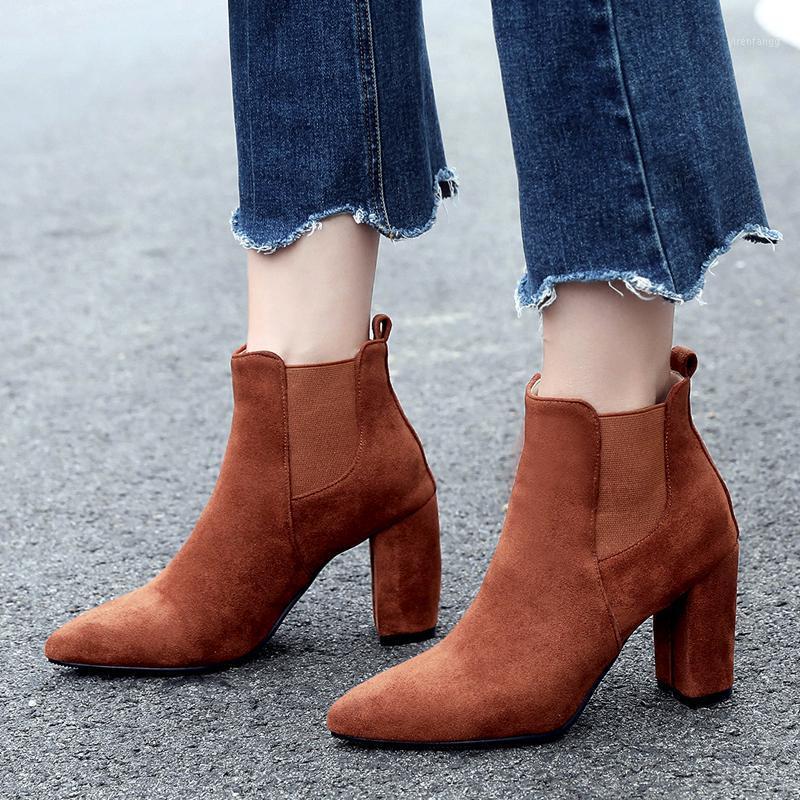 

AIWEIYi Woman Ankle Boots Faux Suede Chunky High Heels Woman Boots Elastic Ladies Shoes Comfortable Motorcycle1, Black