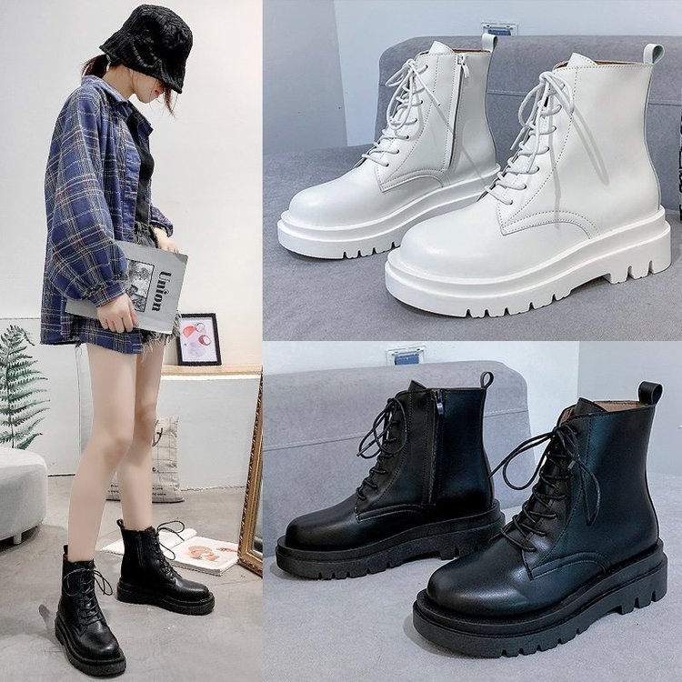 

Round 2021 Autumn Women's Soft Black Motorcycle Gothic Shoes Fight White Leather Boots for Women 0xmq