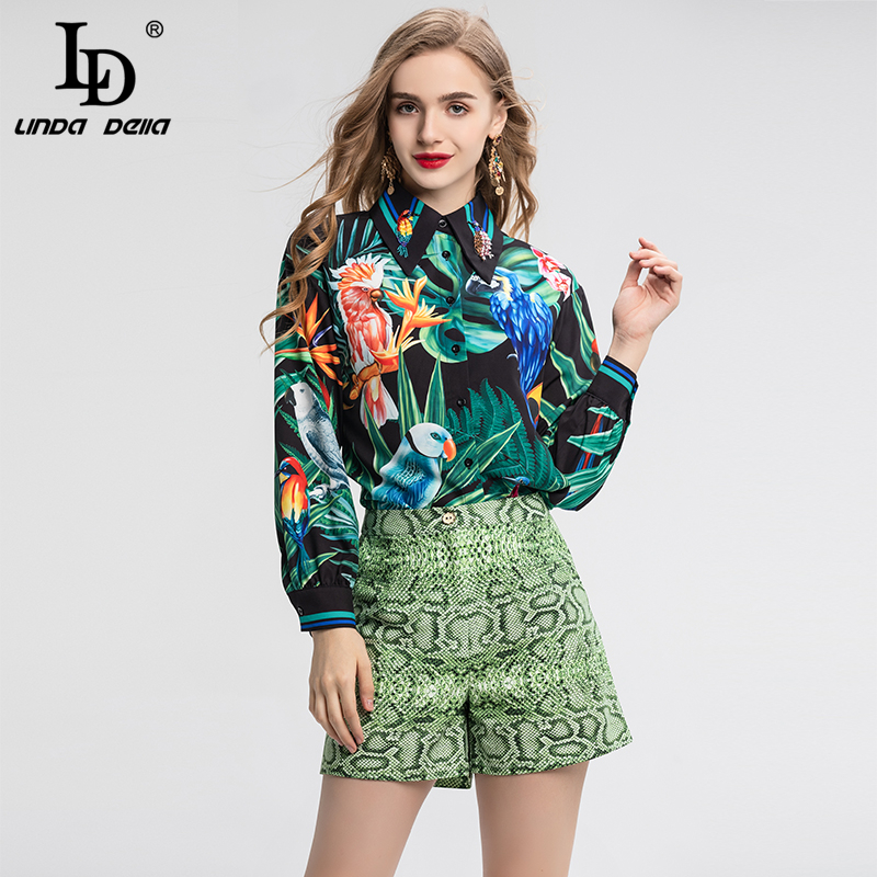 

LD LINDA DELLA 2020 Spring Summer Fashion Runway Vintage Suit Women's Plant Animal Print shirt and Shorts Two Pieces Set Suits A1112, White
