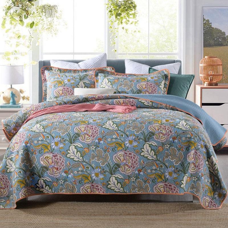 

CHAUSUB Cotton Quilt Set 3pcs Floral Print Bedspreads For Double Bed Cover  Queen Size Summer Blanket Coverlet, As pictures