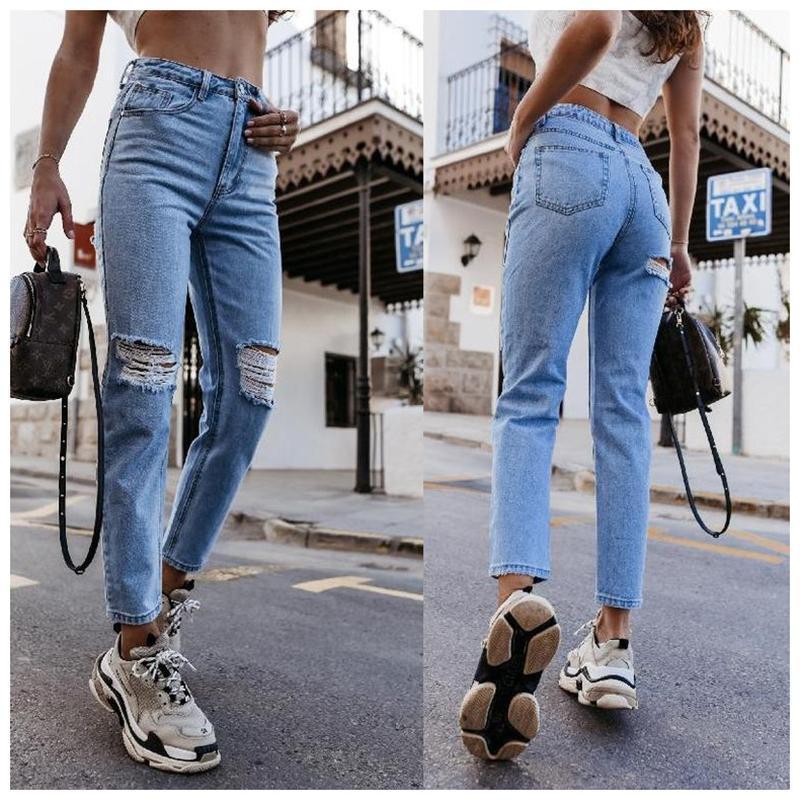 

Fashion 2021 Women Denim Jeans Summer Casual Hole Patchwork Straight Leg Plus Size Women, Blue