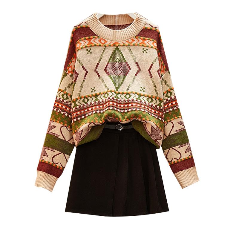 

Women Winter Clothe Warm Elegant Two Piece Set Vintage Knit Sweater Tops And Mini Skirt Plus Size Matching Outfit Slim Tracksuit, Suit