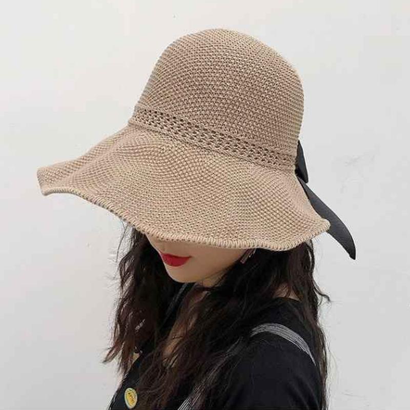 

Women Summer Foldable Sun Hat Wide Brim Water Sprinkling Festival Exquisite Lightweight Portable Travel Bowknot UV Protection, Khaki