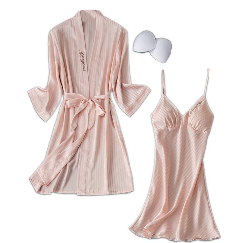 

Women Silky Letters Embroidery Sleepwear Chest Pad Camisole Nightdress with Robe X3UE, 6ee202967-pk