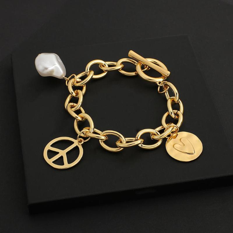 

ALLYES Gold Color Love Heart Peace Symbols Irregular Pearl Charm Bracelets Metal Chain Bracelet for Women Unisex Jewelry