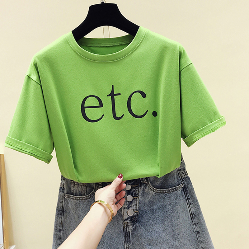

New Spring Will See Short-sleeve Neck of the Women Green Tops Fashion Casual Cotton Women' Shirts Letter Shirt Rofx