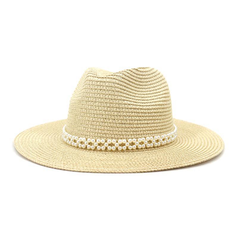 

straw hats men women pearl band wide brim outdoor beach women hats solid summer spring foldable casual elegant luxury sun, White
