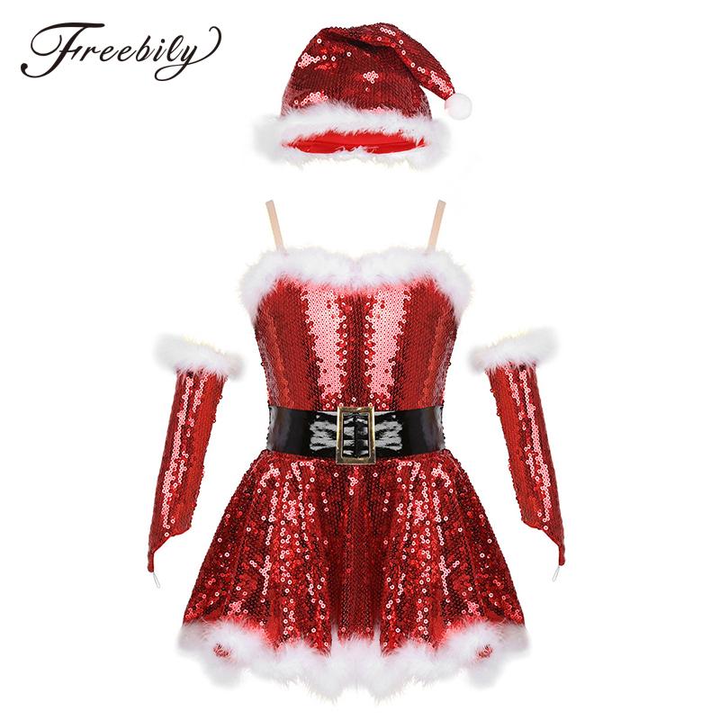 

Kids Girls Fancy Party Christmas Santa Dance Costume Outfit Sequins Figure Ice Skating Twirling Ballet Dance Leotard Dress, Red