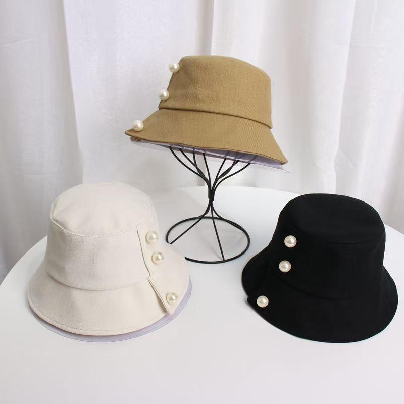 

202101-may9009 new spring Big pearl decoration solid leisure lady bucket cap women fishermen hat, Black