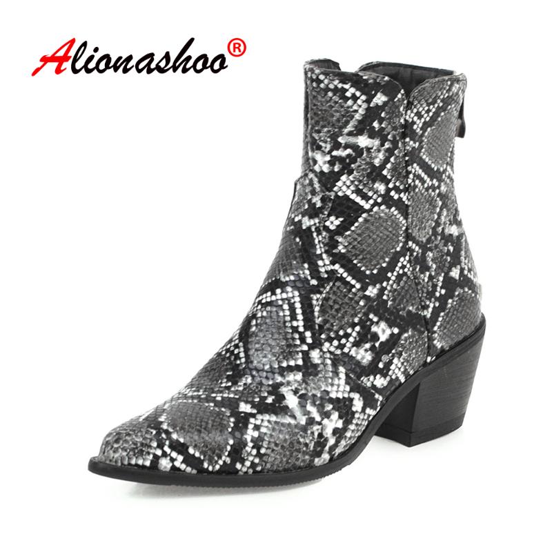 

Women Boots Snake Printing Boots Women Combat Riding Ankle Lady Fashion Casual Warm Booties High Heels Plus Size 34-48, Black