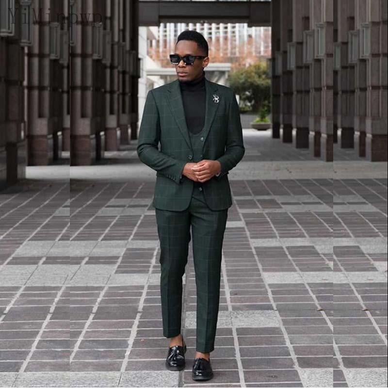 

Green Men Suit Notched Lapel Plaid Blazer Jacket Men Tuxedos Groom Wedding Suits Costume Mariage Homme 3 Piece Coat, Beige