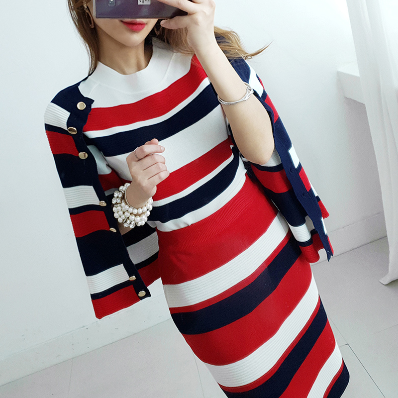

2021 New Autumn Knitted 3 Piece Sets for Women Style Elegant Stripe Pullover Knit Skirt Tops and Cardigan Jacket Outfits 9qfx, Three-piece suit