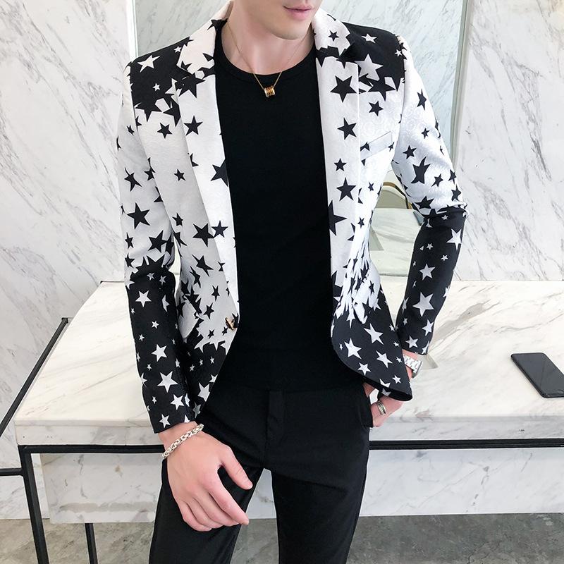 

2021 men's new five-pointed star print suit youth single button black and white color matching fashion trend all-match suit 5XL