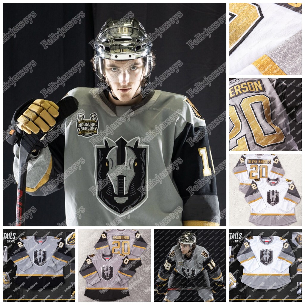 

Womens 2021 Henderson Silver Knights Inaugural Jersey 20 Henderson 35 Oscar Dansk Giorgio Estephan 72 Gage Quinney 36 Logan Thompson AHL Hockey Jersey, White with patch womens s-xxl