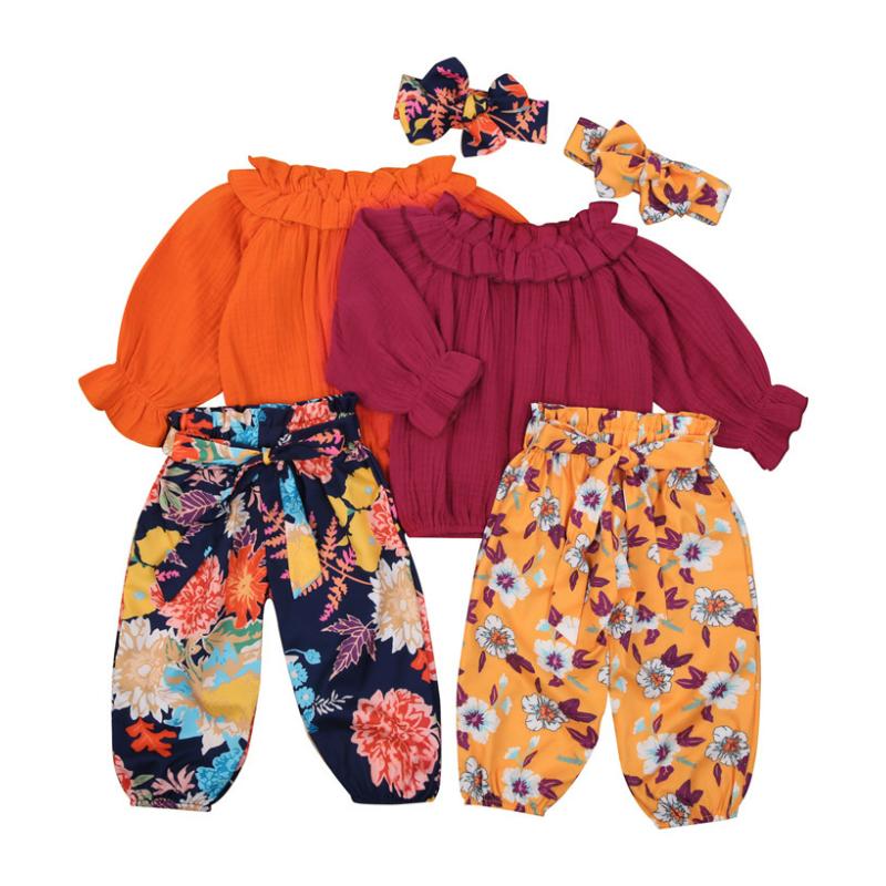 

pudcoco Baby Girls Floral 3PCS Outfits Ruffle Long Sleeve Tops+Belted Flowers Pants Fashion Casual Holiday Clothes Fall 0-4Years, Orange
