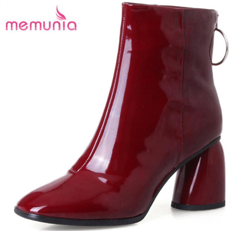 

MEMUNIA 2020 new ankle boots black classic autumn winter boots women fashion square toe cow patent leather big size 33-431, Black with fur