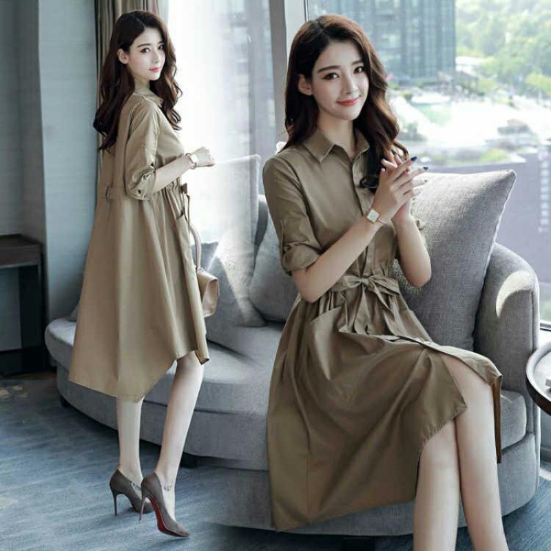 

2021 Casual Autumn Irregular Seat Belt Ladies Button Seven-sleeve Dress Female Retro-elegant Night Xaki, Khaki.