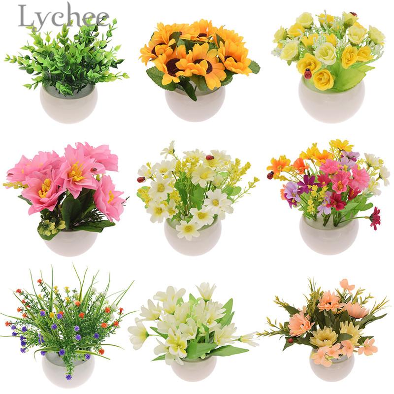 

Lychee Life Artificial Sunflower Daisy Gypsophila Flowers Simulated Flower Bouquet With Ceramics Vase Home Decoration