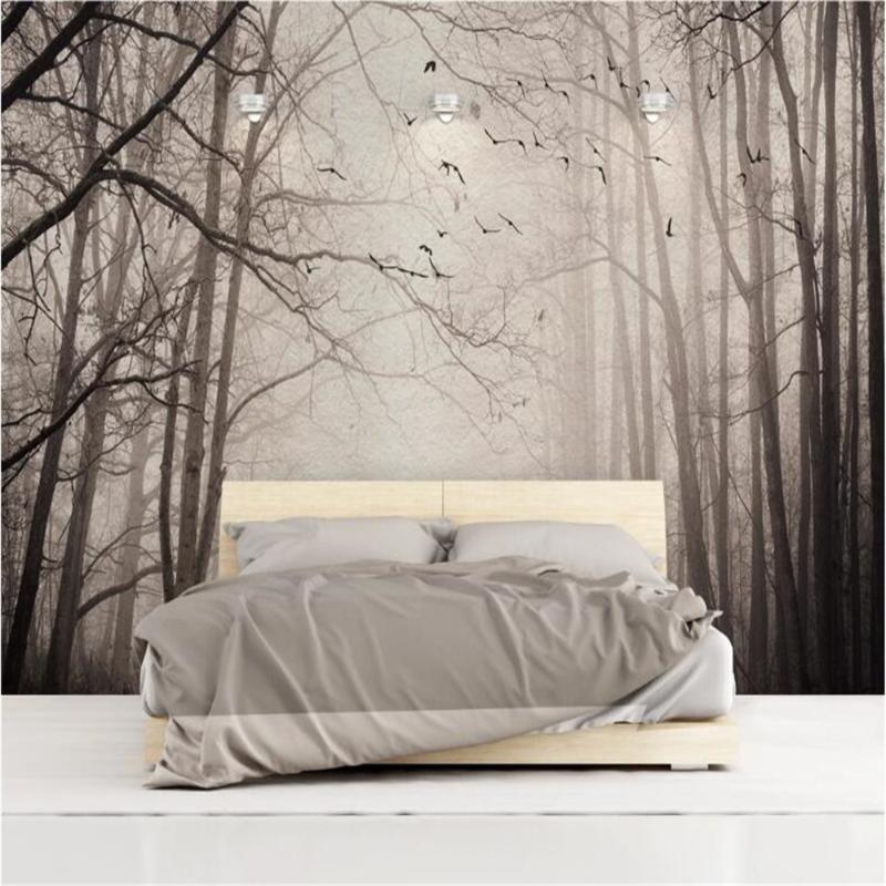

Milofi custom 3D wall decoration wallpaper mural woods forest birds retro nostalgic TV background wall paper, Silk cloth