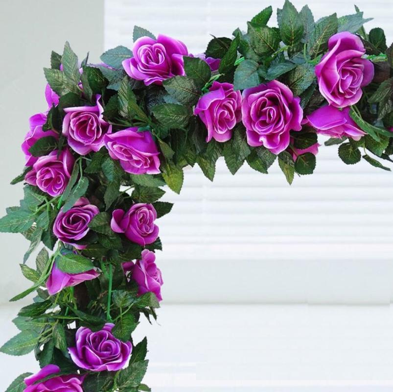 

2pcs Artificial Rose Flower Leaf Garland Ivy For Plant Wall Background Wedding Party Home Office Bar Decorative, Pink