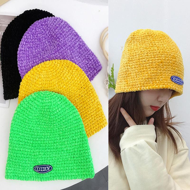 

Women Hat Knit Skullies Hat Female Korean Casual Hip Hop Thick Cable Woollen Beanies Caps Cool Girls Winter Warm Chenille Hats, Black