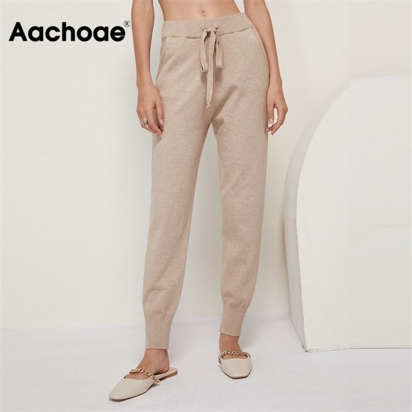 

Aachoae Casual Solid Knitted Pants Women Drawstring Full Length Trousers Side Twist Soft Home Style Long Pants Mujer Pantalones 201228, Gray