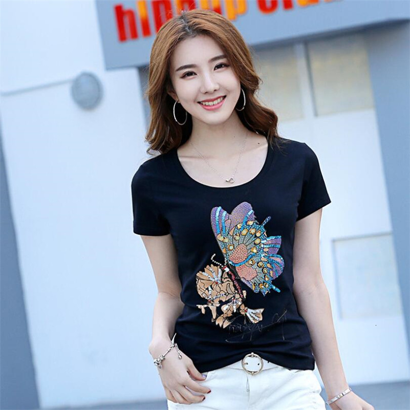 

2021 Korean Fashions Will See Butterfly Women Printed Casual Shirt Plus Size 4xl Custom Curly Sequins with P1008 Diamonds Q89e, Black