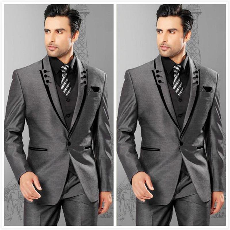 

Men Suits Slim Fit Peaked Lapel Grey Groom Tuxedos Mens Wedding Suits 2021 Groomsmen One Button Mens (Jacket+Pants+Vest