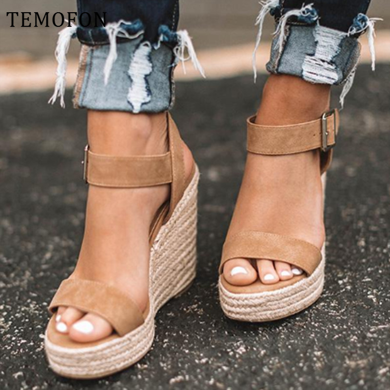 

TEMOFON Platform peep toe high wedges sandals black heels summer women large size roman dress shoes HVT907 Q1217, Snakeskin