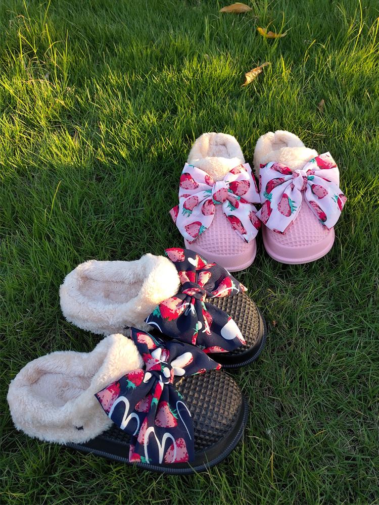 

Butterfly-Knot Shoes For Girls Slippers Flat Slides Winter Footwear Low Lady Massage Butterfly-knot Basic Short Plush PU with