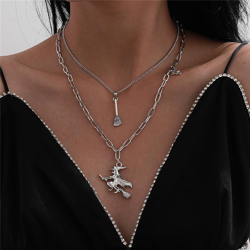 

Chains Vintage Silver Color Witch Broom Pendant Necklace For Women Girl Geometric Multilayer Necklaces Jewelry Collares