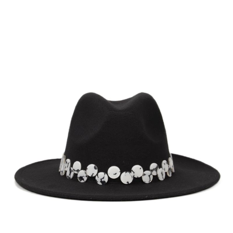 

Wide Brim Hats 15 Stlye Women Men Handmade Punk Fedora Hat Acrylic Gems Jazz Cap Winter Panama Sun 2 Size, Black aqh