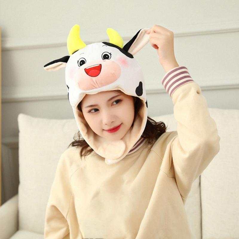

Women Kids Cute Cartoon Milk Cow Plush Hat Funny Animal Stuffed Toys Warm Earflap Cap Cosplay Holiday Party Photo Props, White