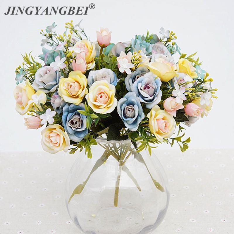

artificial flowers 13 heads/bouquet small bud silk roses simulation flowers Green leaves Home vases autumn decora for Wedding1, Yellow