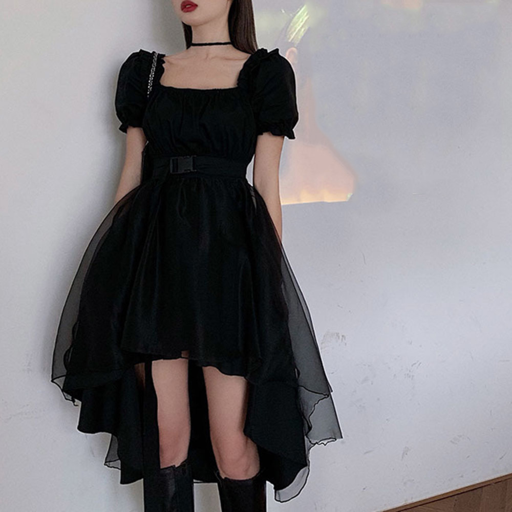 

Rosetic Asymmetric Mesh Gothic Dress Women Puff Sleeve Vintage Square Neck High Waist Summer Fashion Vintage Retro Party 2020 J1215, Black;gray
