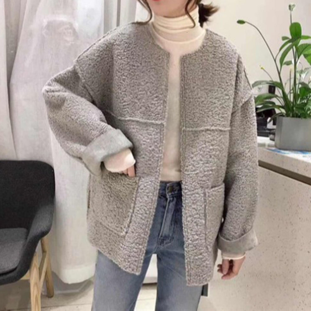 

2021 Simplicity Lamb Wool Coat Winter New Korean Japan Style Fashion Loose Female Jacket Size 2xl Overcoat FN0T, Beige