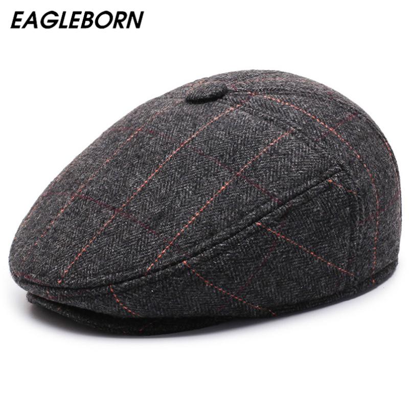 

High Quality Winter Hat Men Beret Classic Lattice Dad Hat Warm Ear Protection Middle-aged Elderly Thick Beret for Mens Big Cap, Gray