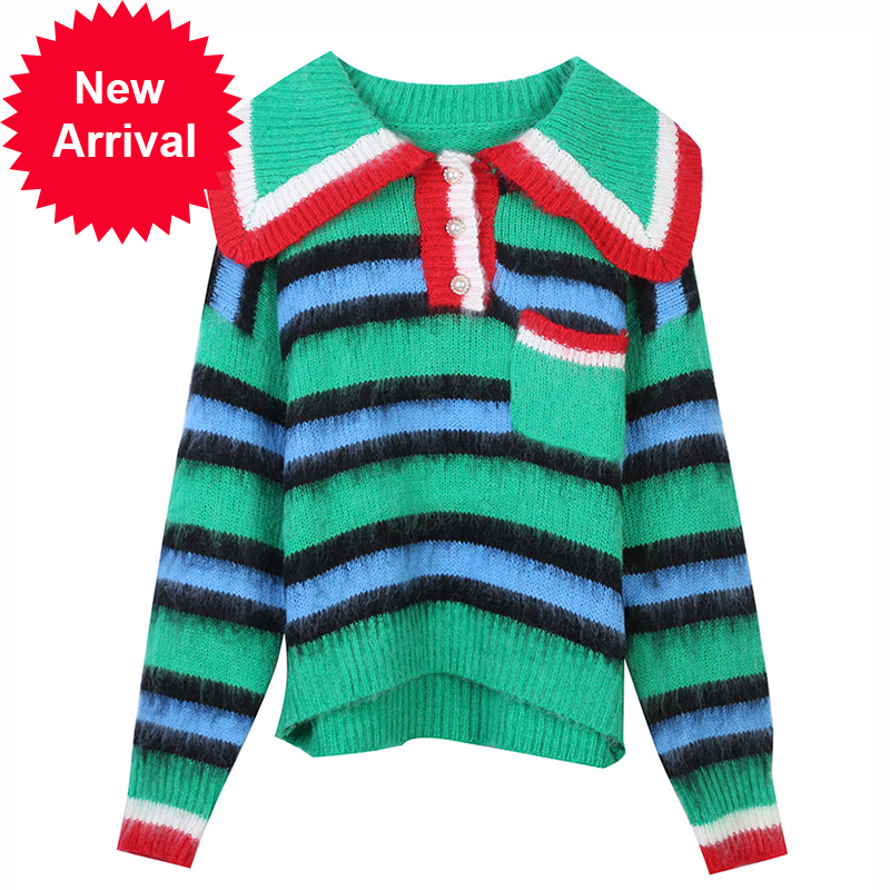 

Female winter fashion mohair stripe knitted pullover-down collar thick long sleeve preppy C-326, Green
